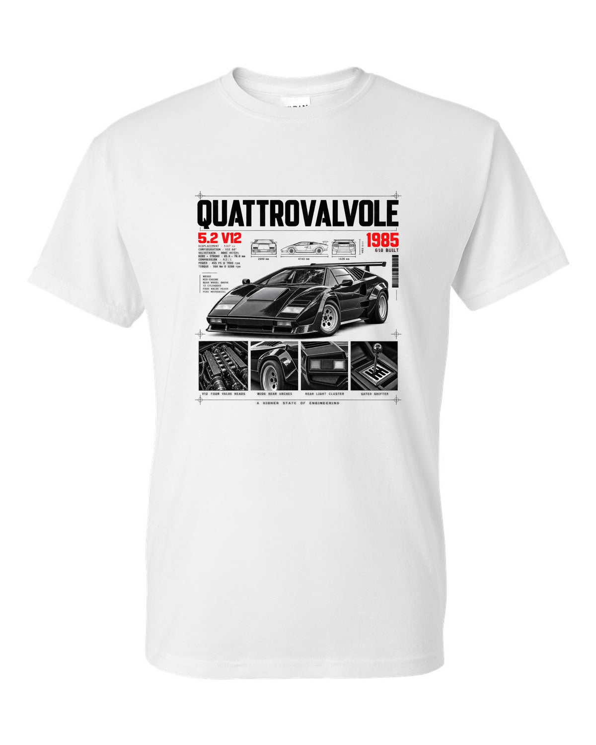 Dossier panel print of a Lamborghini Countach LP5000 QV with 5.2 V12 and 610 built text white t-shirt front view with the design