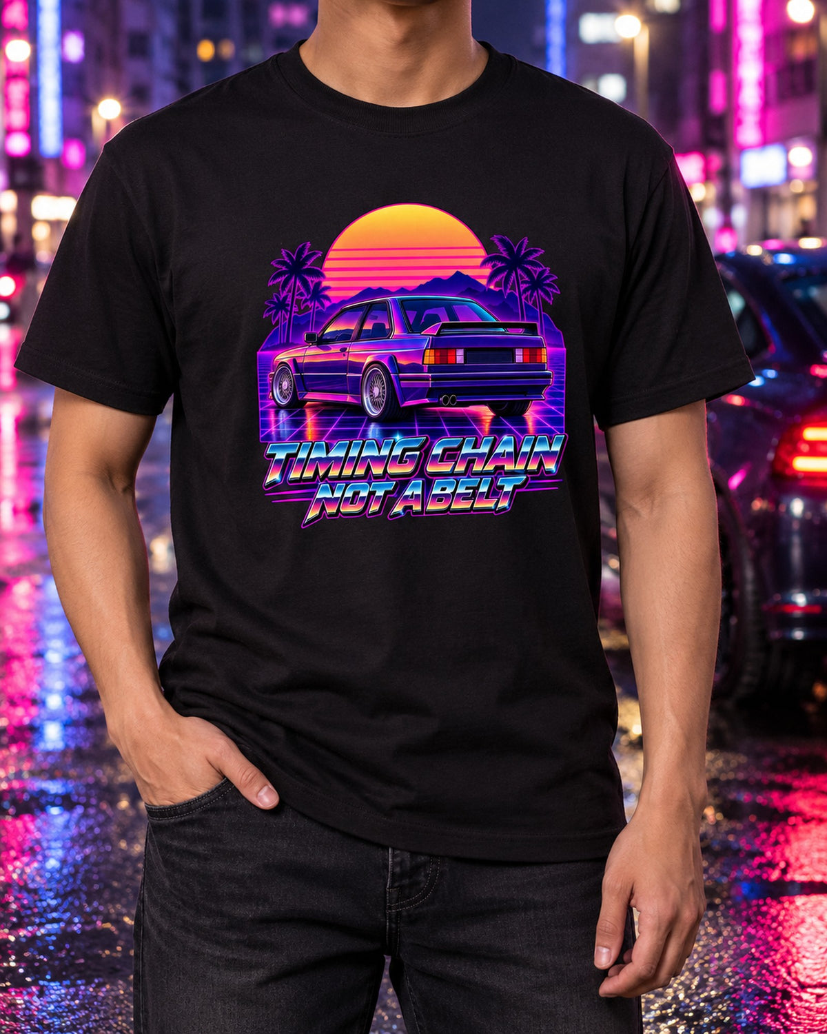 BMW E30 M3 Dusk Taillight Synthwave Outrun Car Shirt T-Shirt Black worn hero