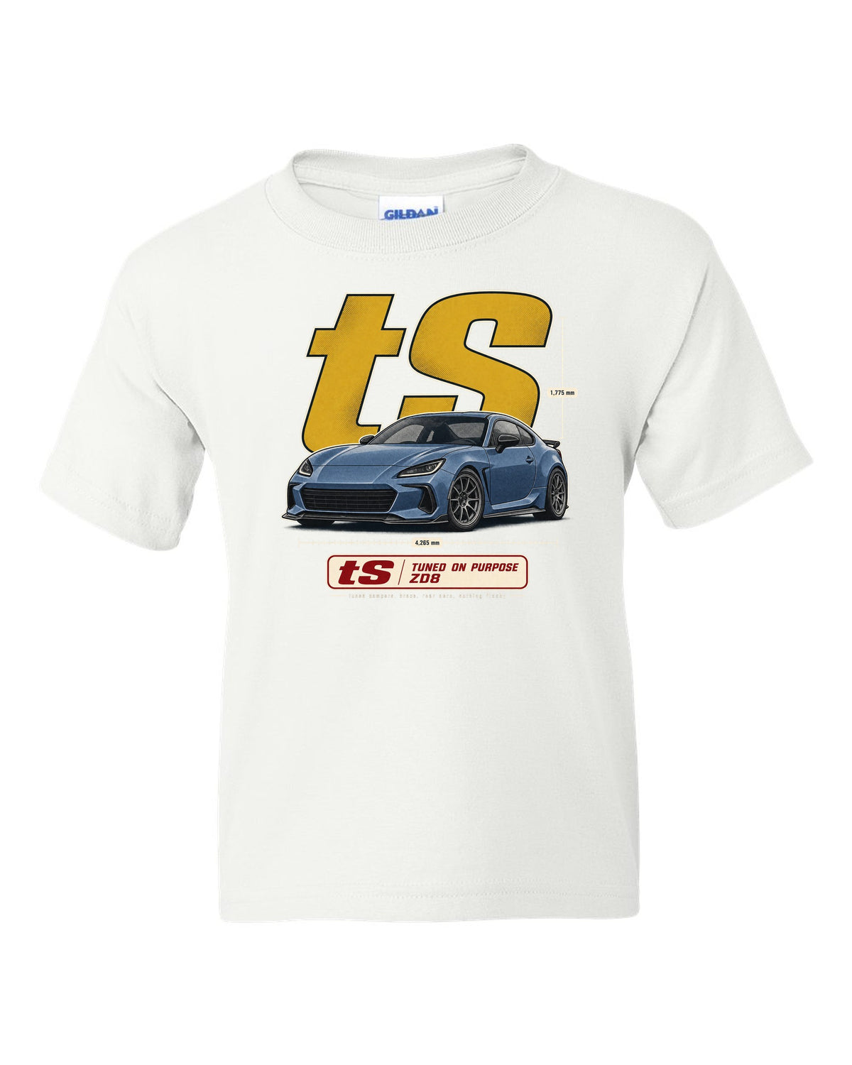 Halftone poster-style print of a Subaru BRZ tS ZD8 with tuning statement lettering white kids tee front view with the design