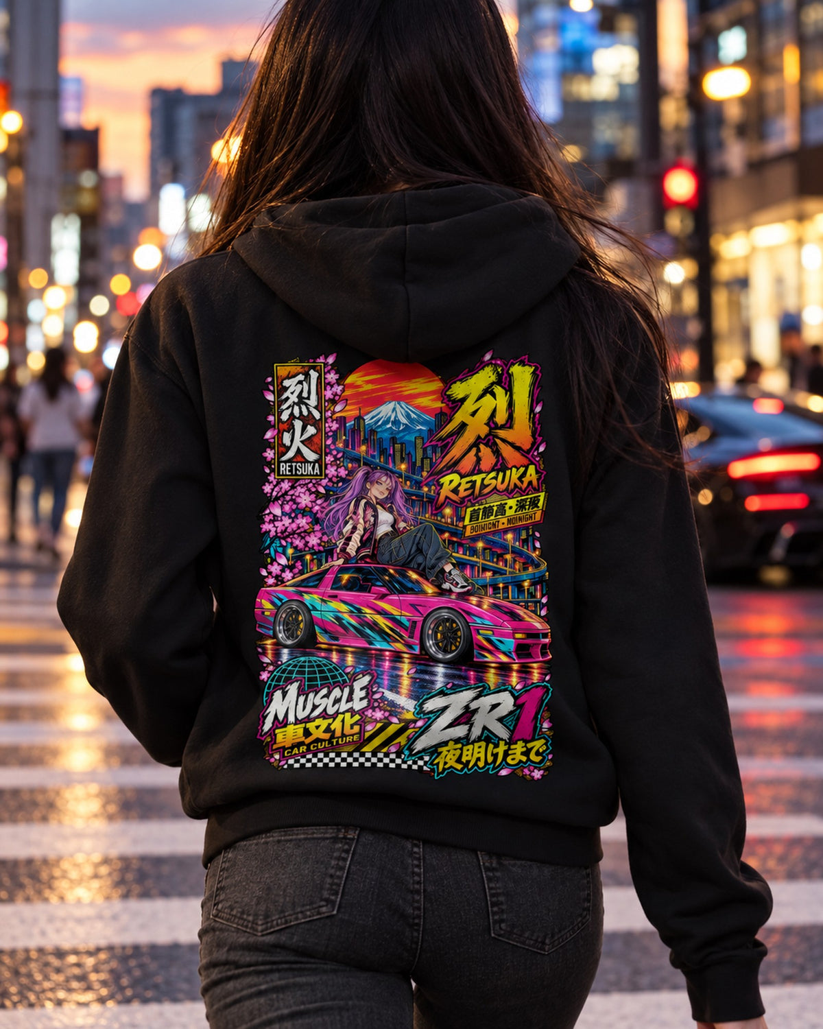 RETSUKA ZR1 Anime Girl Full-Back Graphic Tee Zip Hoodie Black worn hero