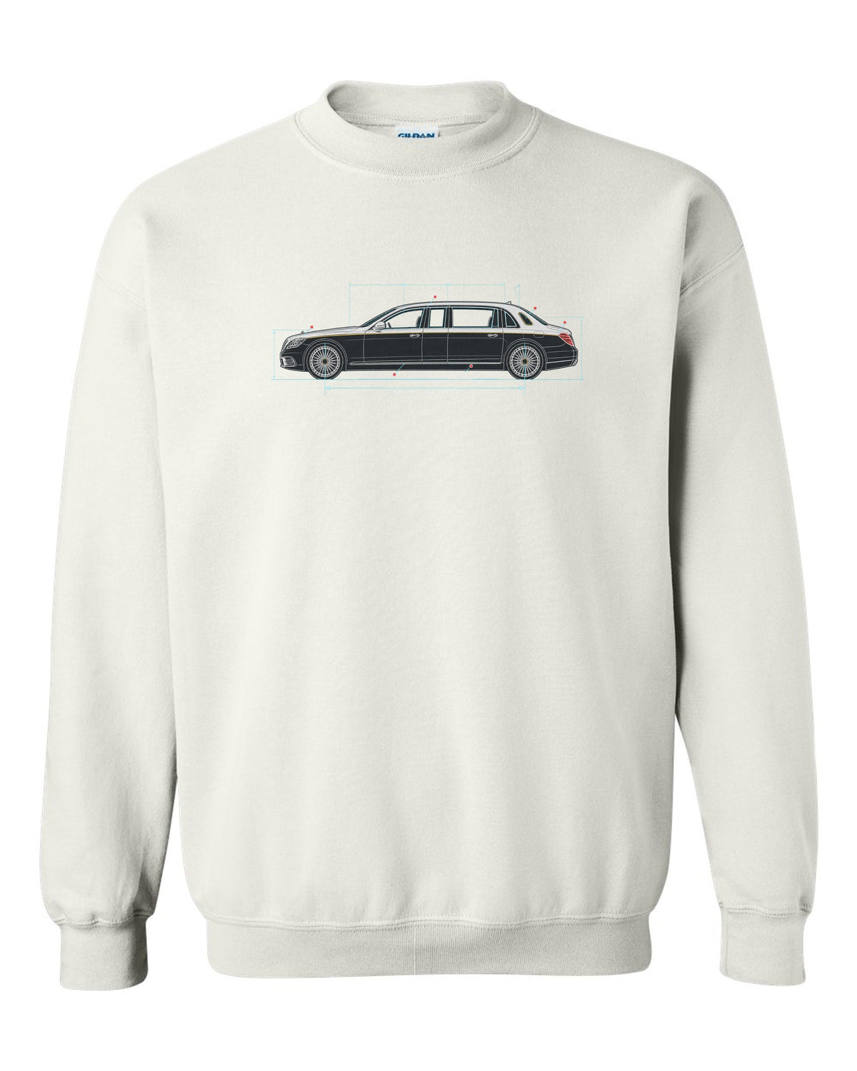 Maybach 62 S W240 Limousine Side Blueprint Tee white crewneck front view with the design