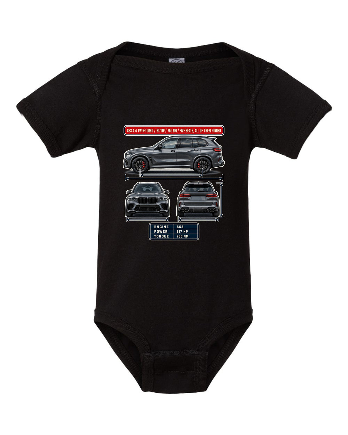 BMW X5 M Competition F95 three-view spec table print on a tee black baby onesie front view with the design