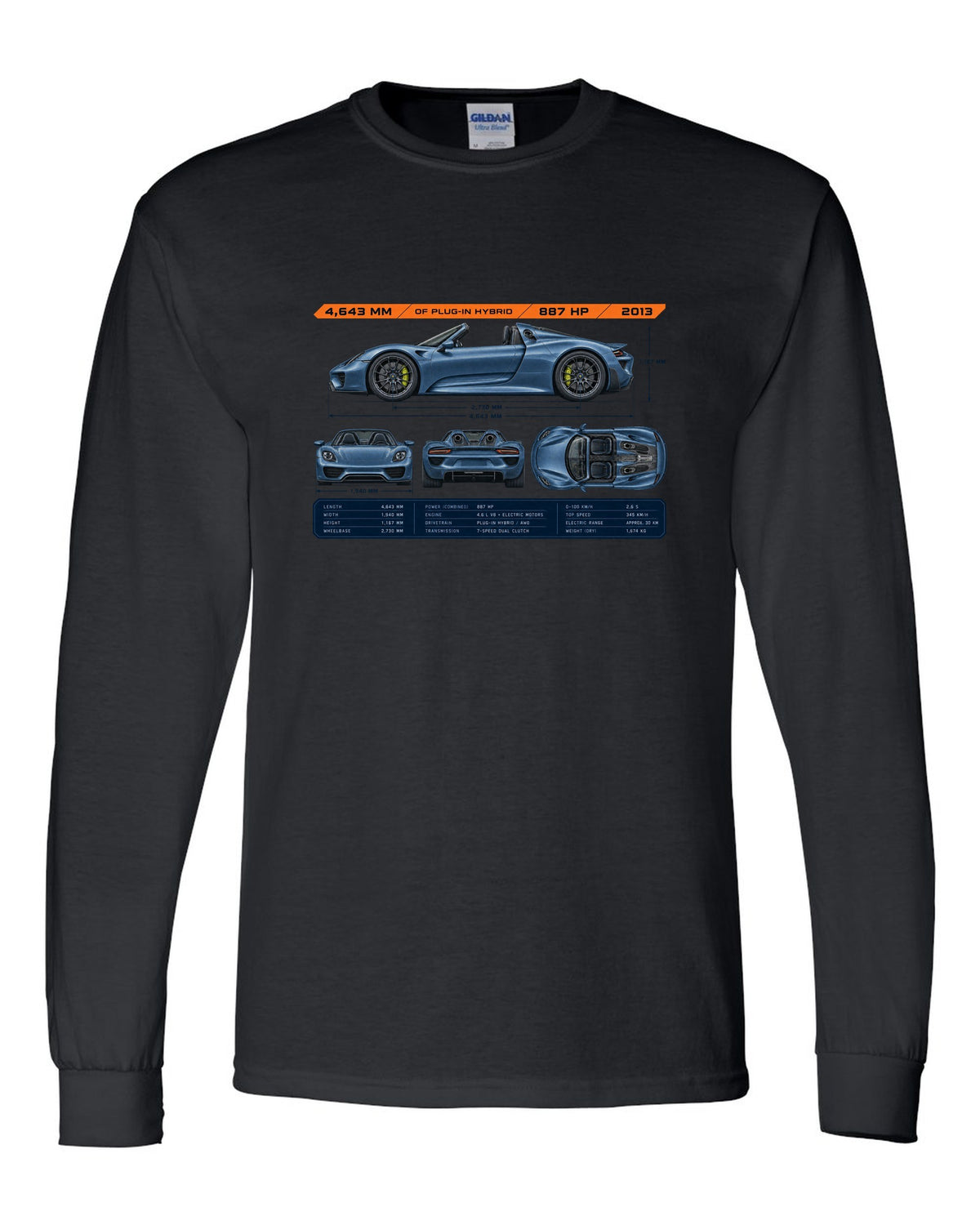Porsche 918 Spyder dimension blueprint print design black long sleeve front view with the design