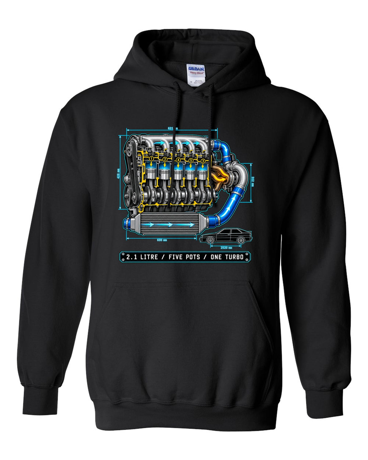 Technical blueprint print of an Audi Ur-Quattro Type 85 with five pots text black pull over hoodie front view with the design