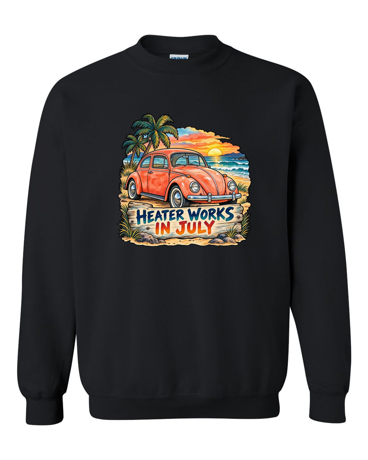 Watercolour sunset beach scene with a 1960s VW Beetle Type 1 and heater works in July text black crewneck front view with the design