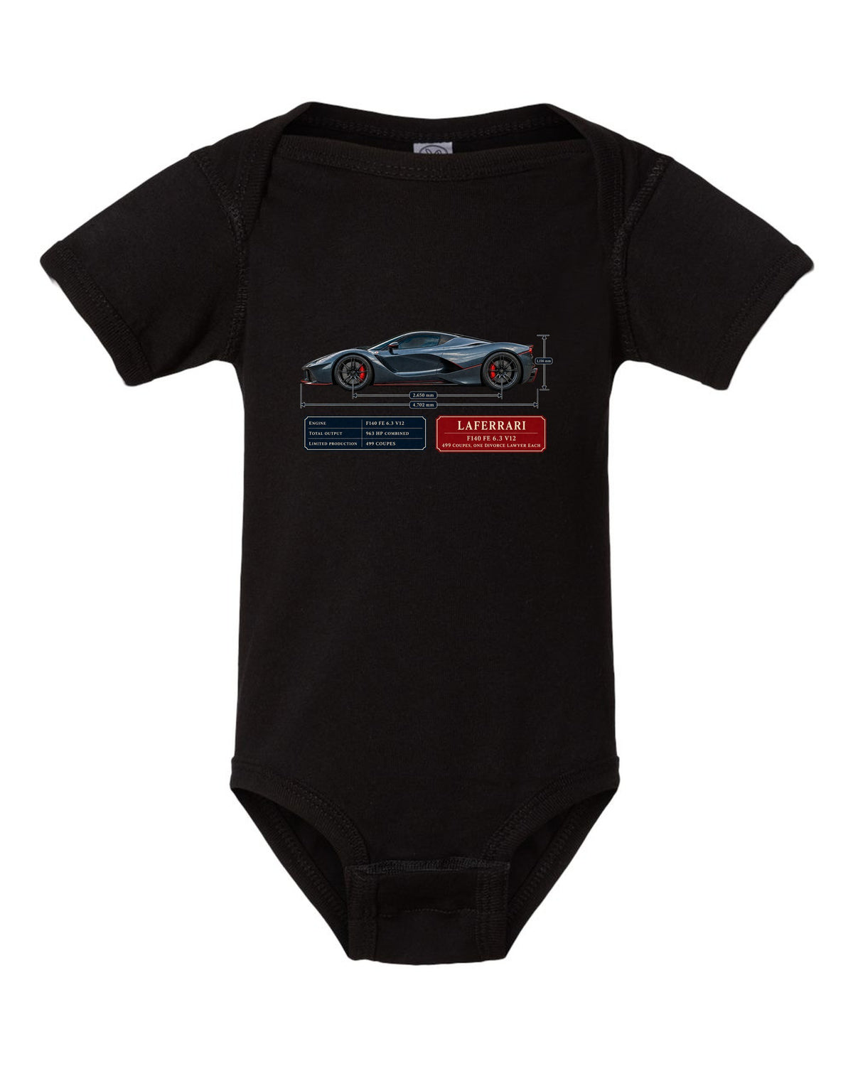 Ferrari LaFerrari dimension blueprint print with F140 FE 6.3 V12 text black baby onesie front view with the design