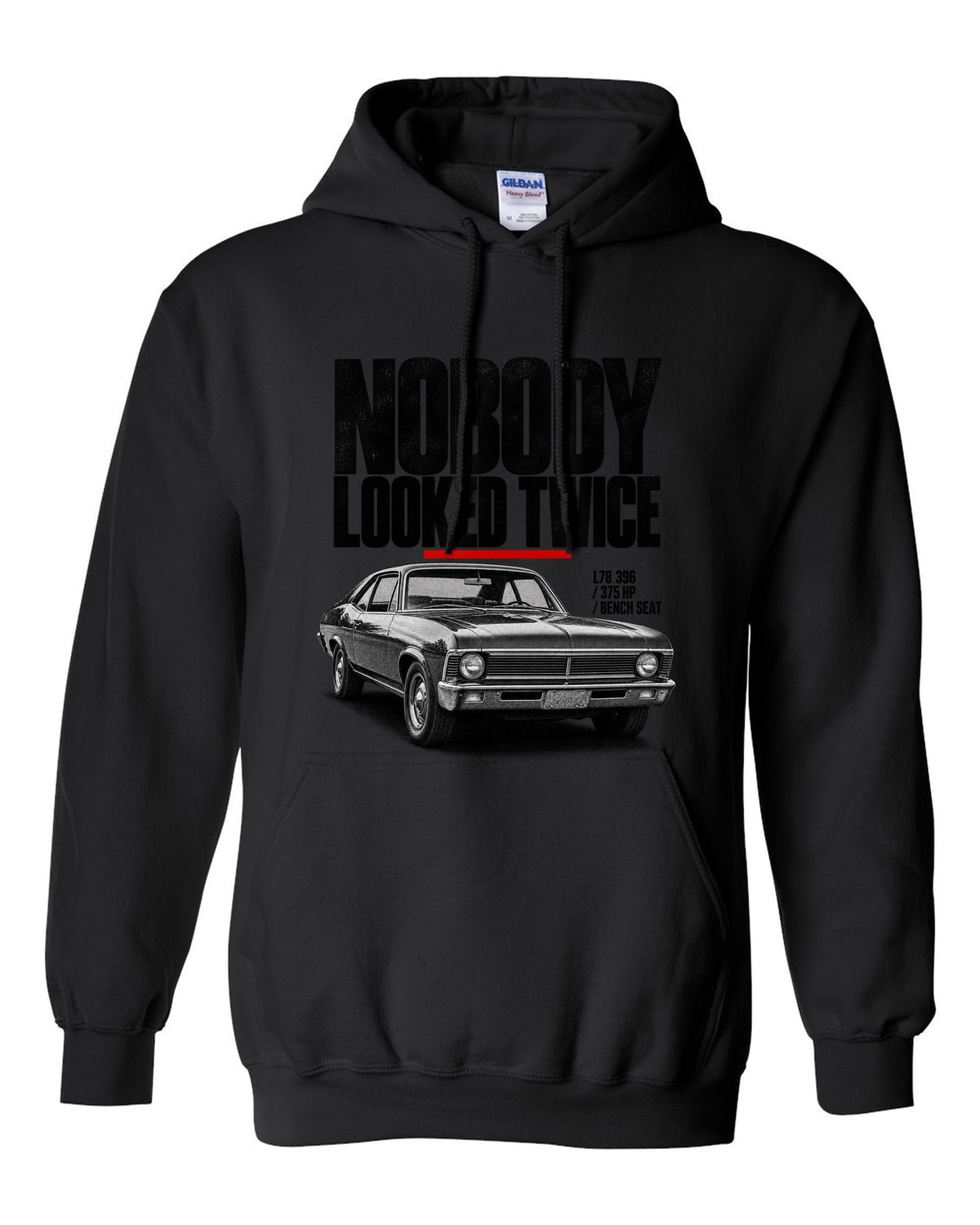 1969 Nova SS 396 halftone front three-quarter print with L78 396 specs black pull over hoodie front view with the design