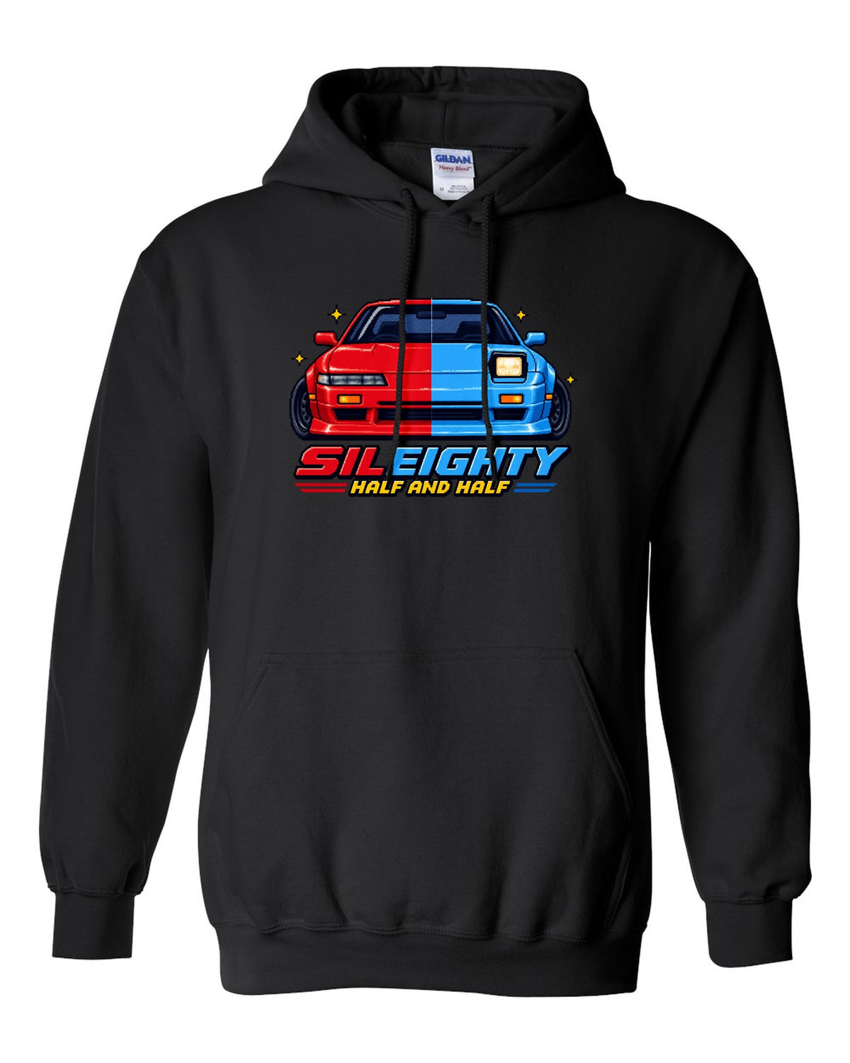 16-bit pixel art print of a Nissan Sileighty 180SX and Silvia S13 hybrid with Half and Half lettering black pull over hoodie front view with the design