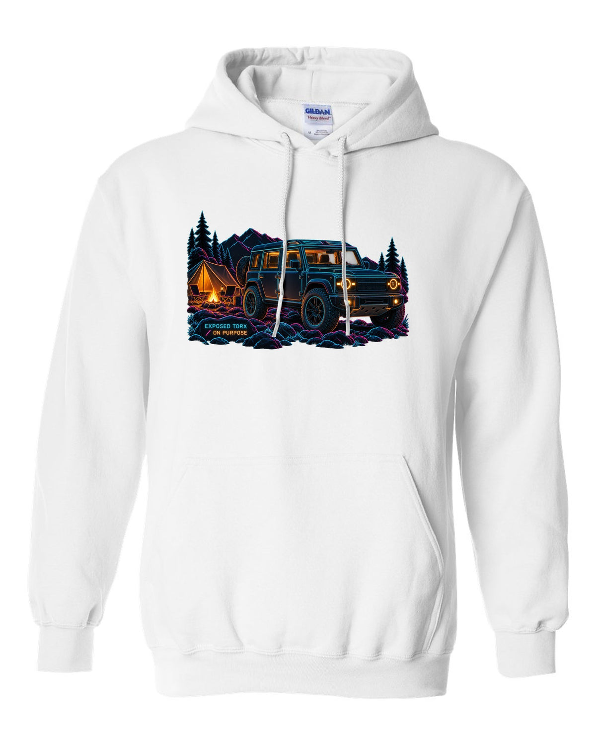 Neon line art print of a Land Rover Defender L663 110 at night camp with Exposed Torx text white pull over hoodie front view with the design