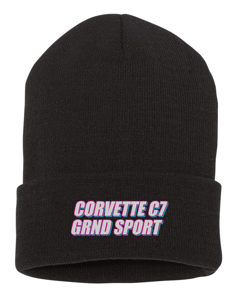 Corvette C7 Grnd Sport black beanie front view with car name