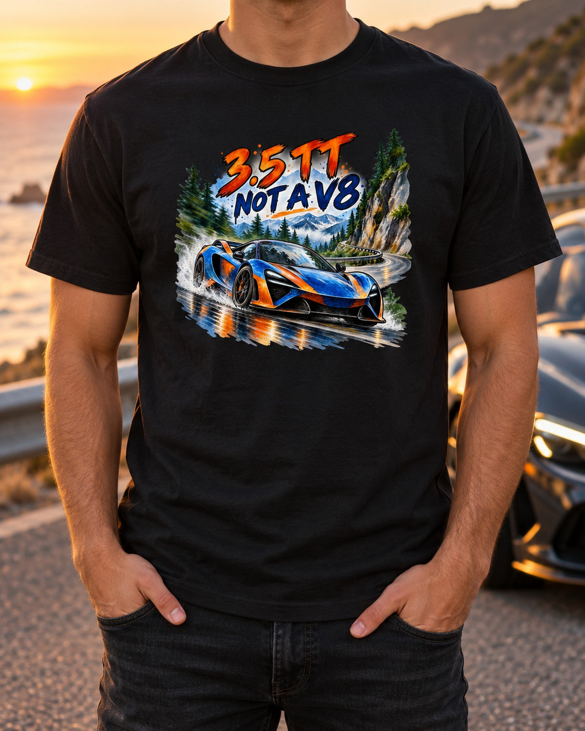 Ford GT 2017-2022 Hairpin Watercolour print Tee T-Shirt Black worn hero