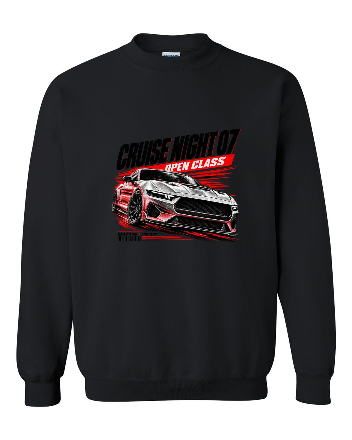 Ford Mustang S650 GT race poster print reading Cruise Night 07 Open Class black crewneck front view with the design