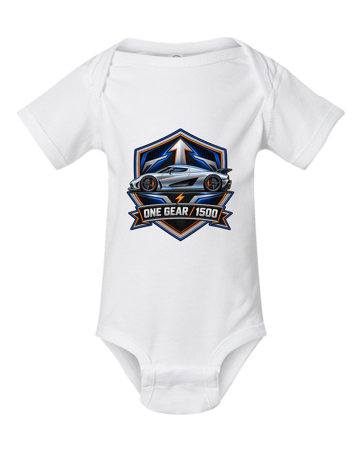Embroidery-style varsity crest for the Koenigsegg Regera with ONE GEAR 1500 lettering white baby onesie front view with the design