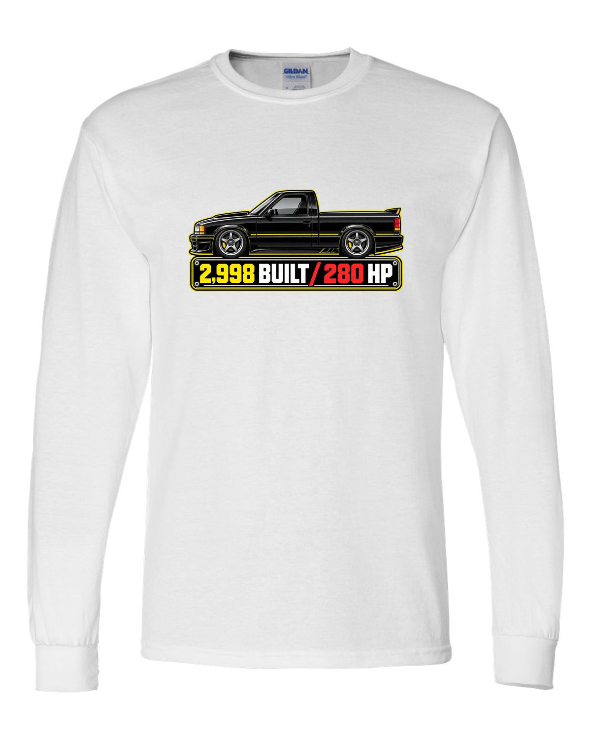 Spec-sheet data plate print of a 1991 GMC Syclone with 2,998 built and 280 HP lettering white long sleeve front view with the design