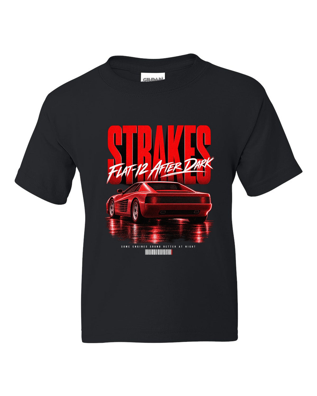 Street poster print of a Ferrari Testarossa F110 rear three-quarter with strakes and flat-12 text black kids tee front view with the design