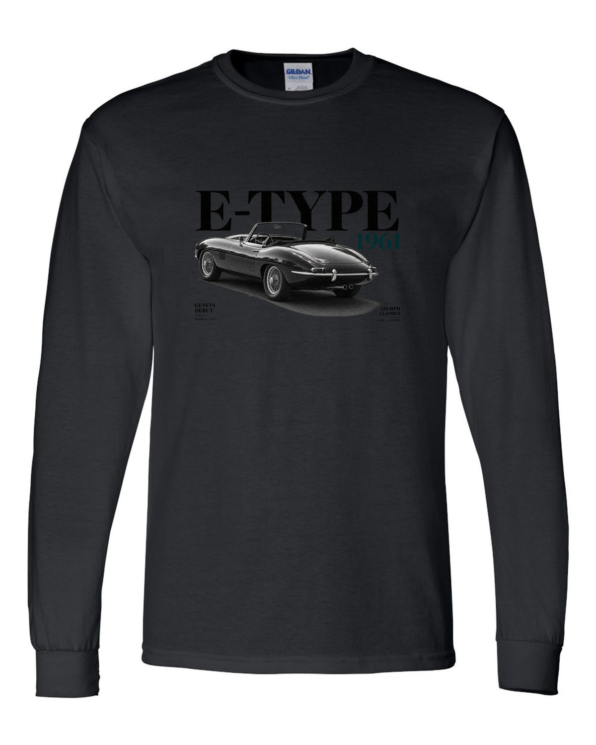 Jaguar E-Type roadster 1961 Geneva debut editorial poster black long sleeve front view with the design