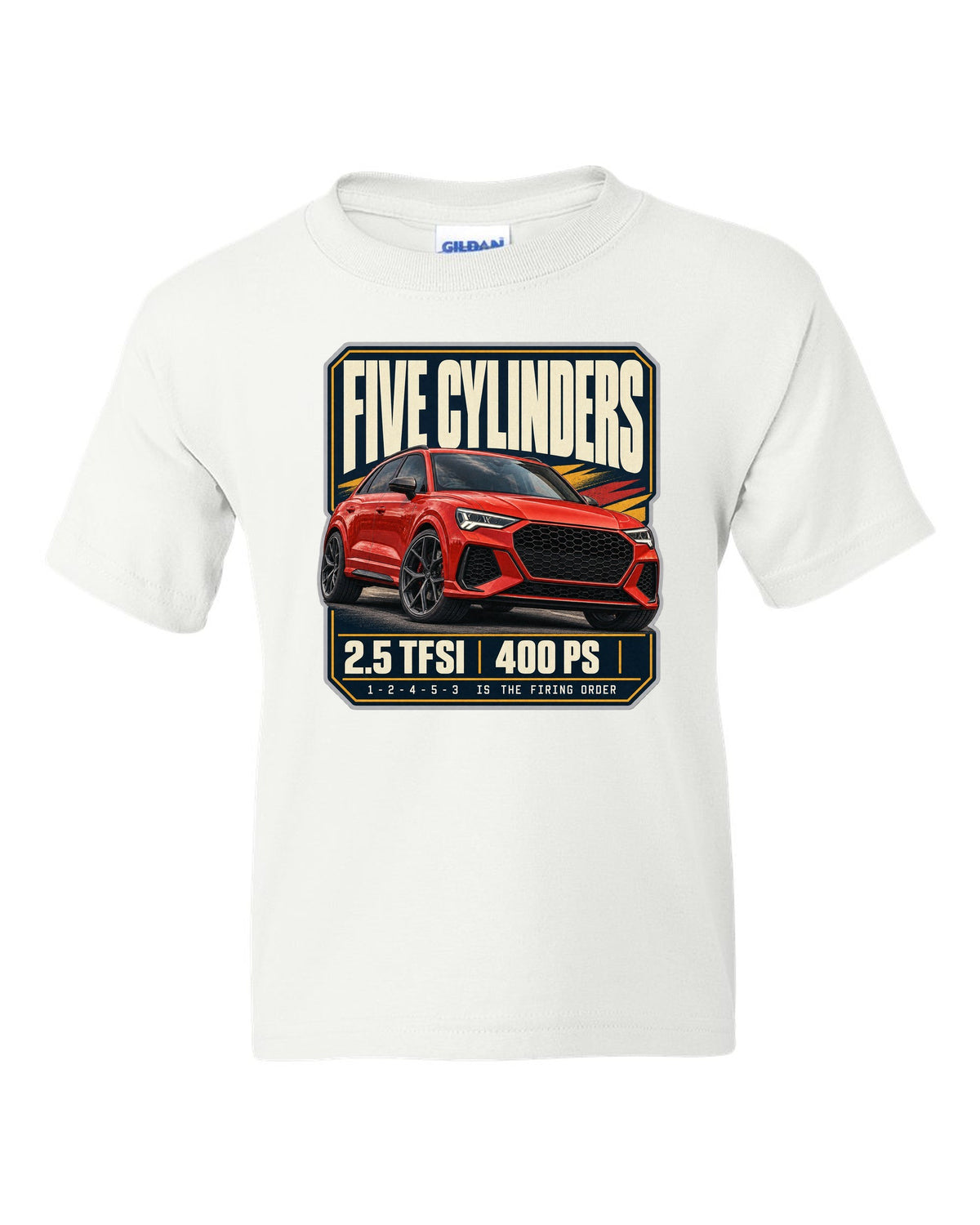 Audi RS Q3 F3 editorial headline print with five-cylinder text white kids tee front view with the design