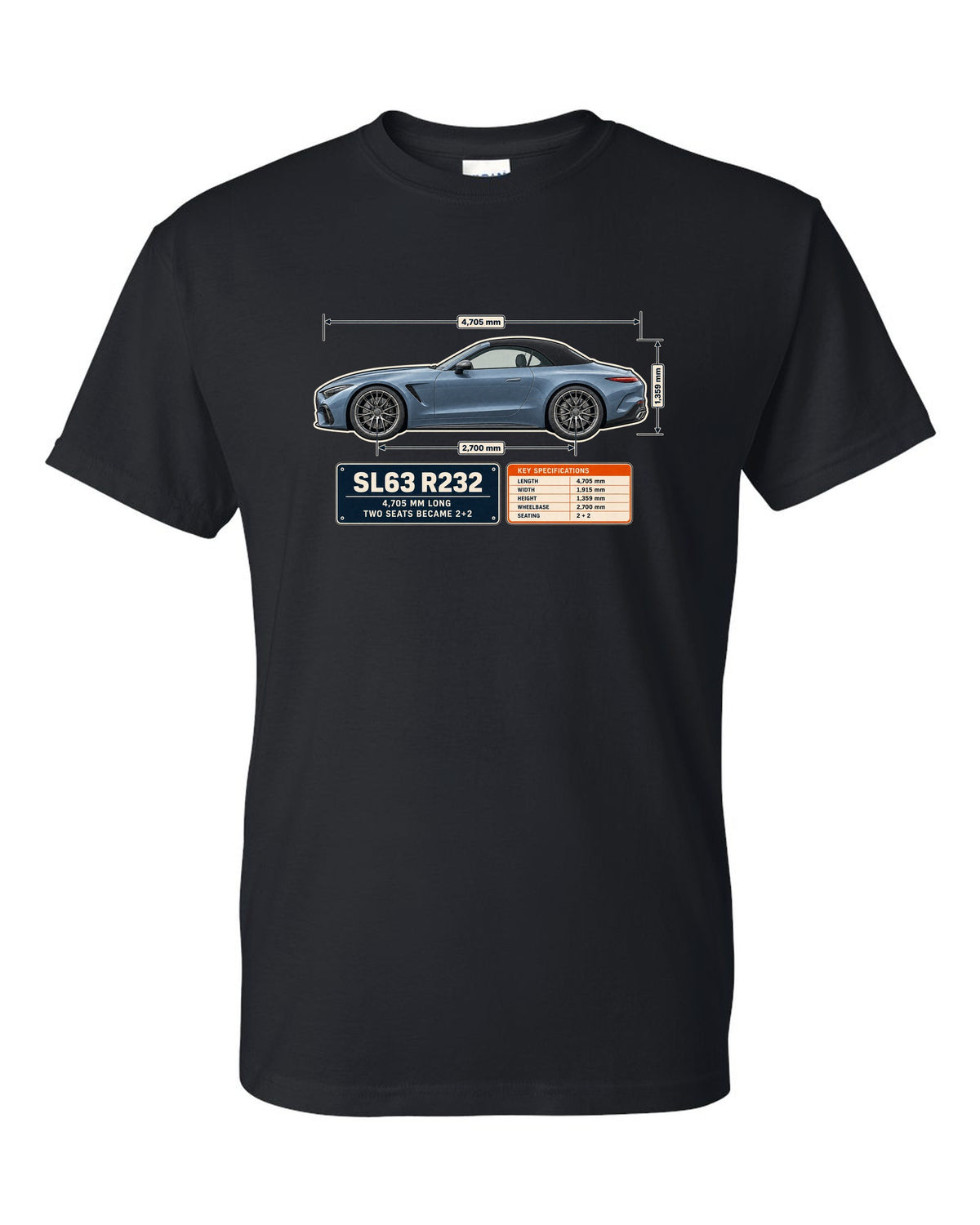 Mercedes-AMG SL63 R232 Dimension Blueprint black t-shirt front view with the design