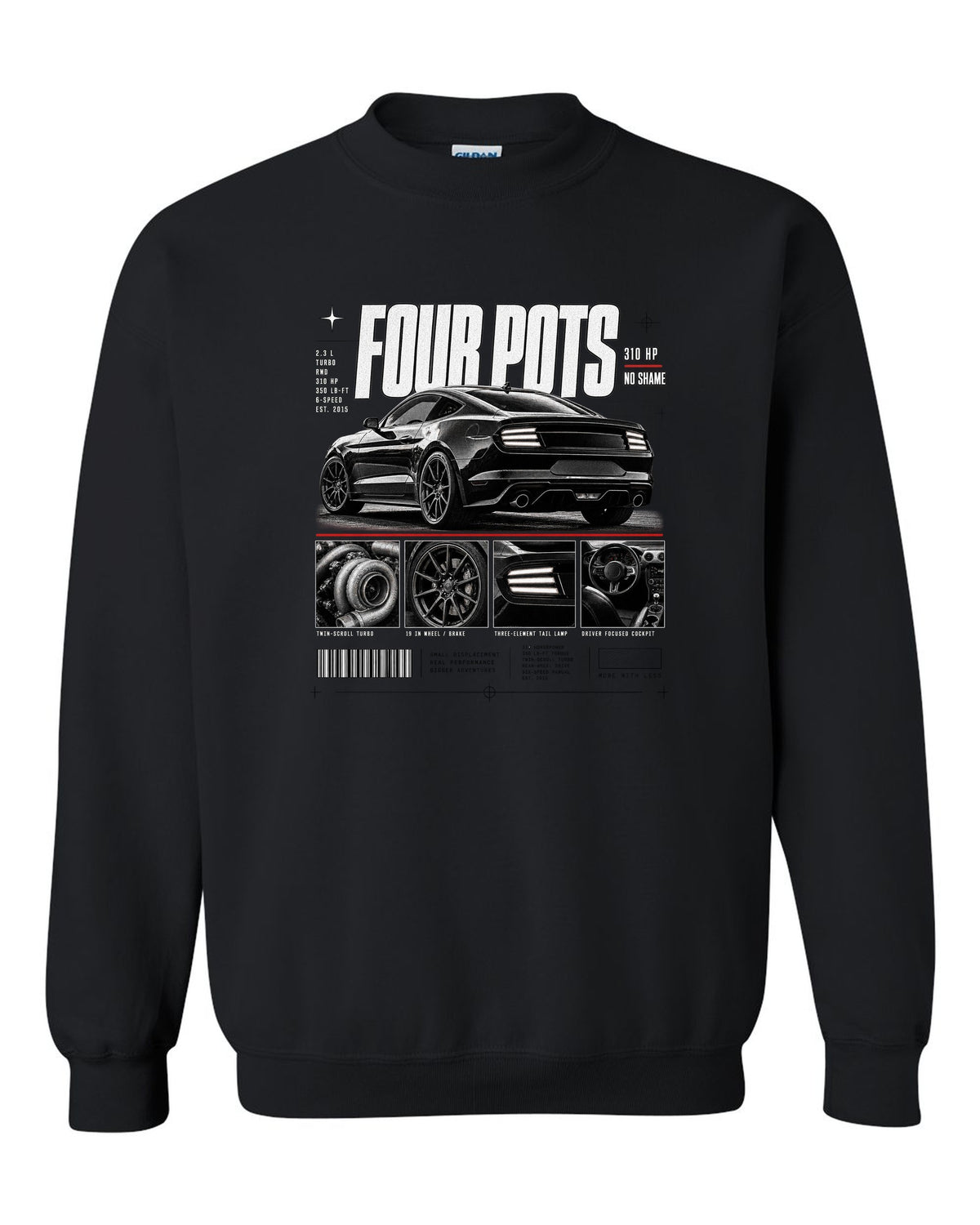 Dossier panel print of a 2015-17 Ford Mustang S550 EcoBoost fastback black crewneck front view with the design