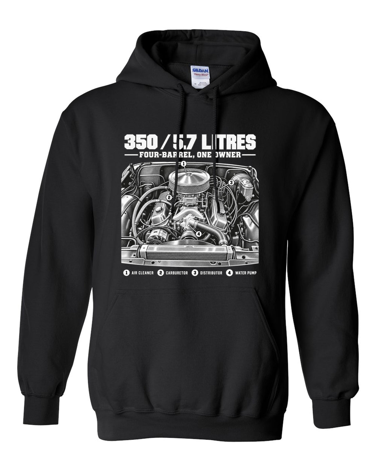Squarebody C10 350 small block engine diagram with callouts, print black pull over hoodie front view with the design