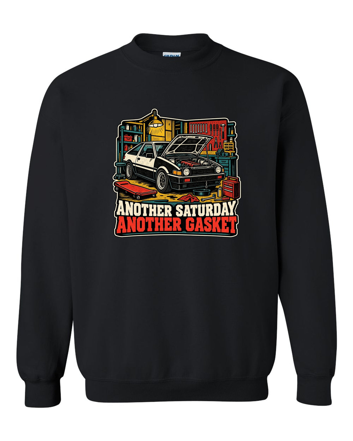 Linocut woodcut-style Toyota Corolla Levin AE86 with garage Saturday slogan black crewneck front view with the design