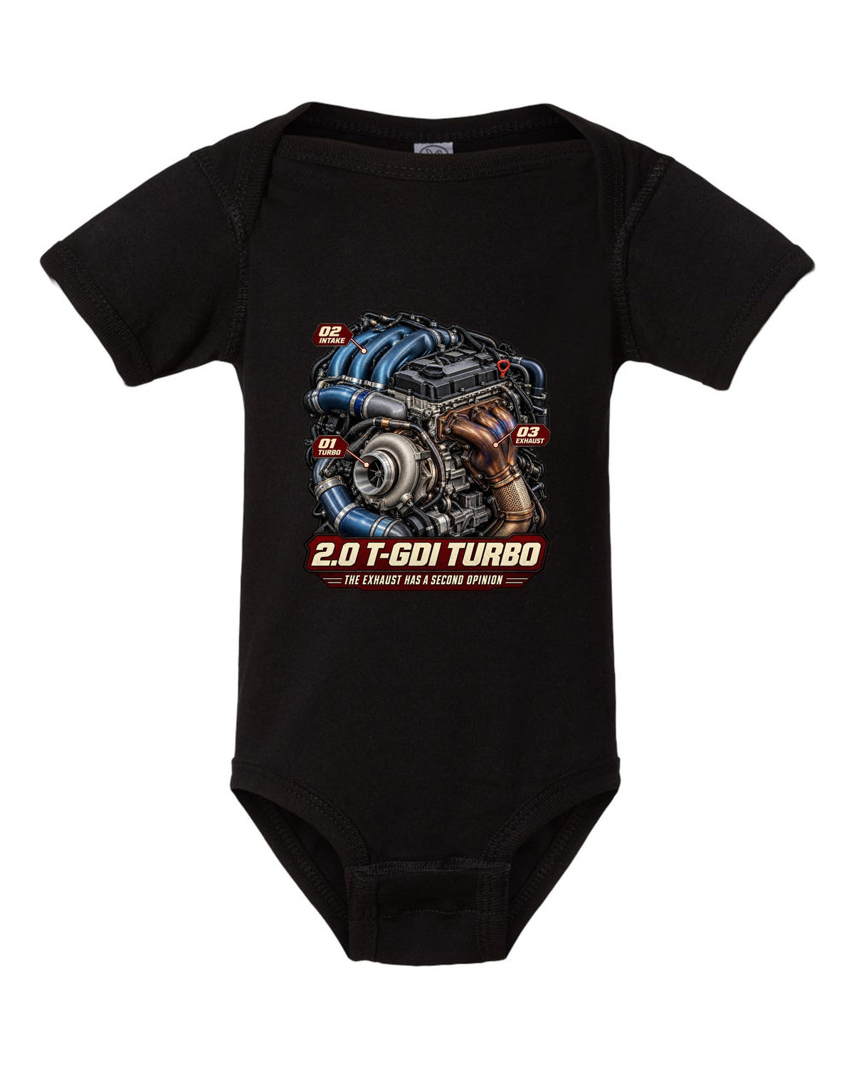 Hyundai Elantra N 2.0 T-GDI turbo engine illustration, print black baby onesie front view with the design