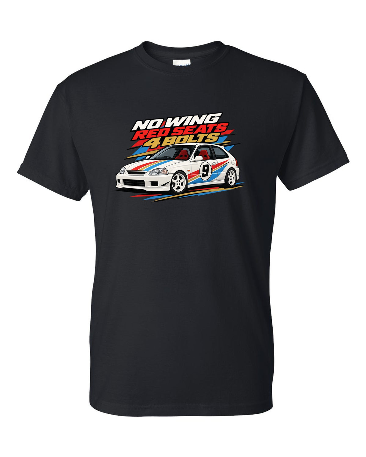 Retro racing livery print of a Honda Civic Type R EK9 with no wing red seats 4 bolts text black t-shirt front view with the design