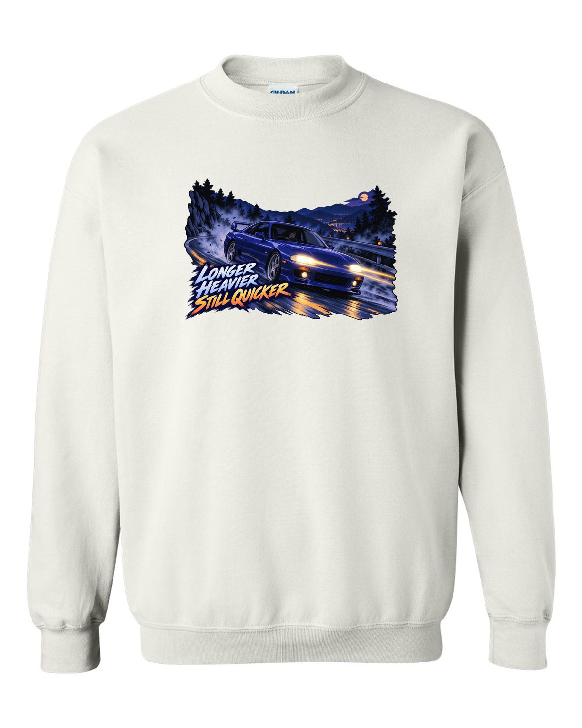 Cel-shaded 90s anime night touge print of a Nissan Skyline GT-R BCNR33 with longer heavier still quicker lettering white crewneck front view with the design