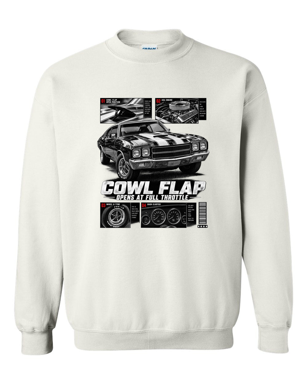 1970 Chevelle SS 454 dossier panel print with cowl flap detail white crewneck front view with the design