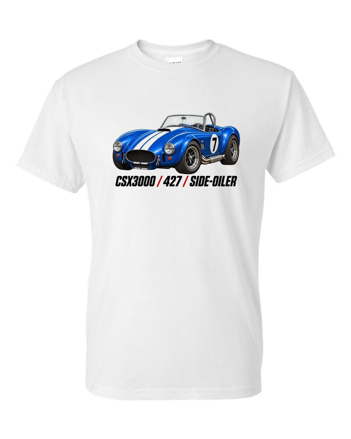 Shelby Cobra 427 CSX3000 Side-Oiler Racing Roundel white t-shirt front view with the design