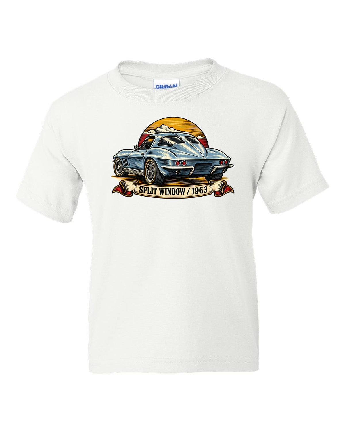 Woodcut linocut rear view print of the 1963 Corvette C2 Sting Ray split-window coupe white kids tee front view with the design