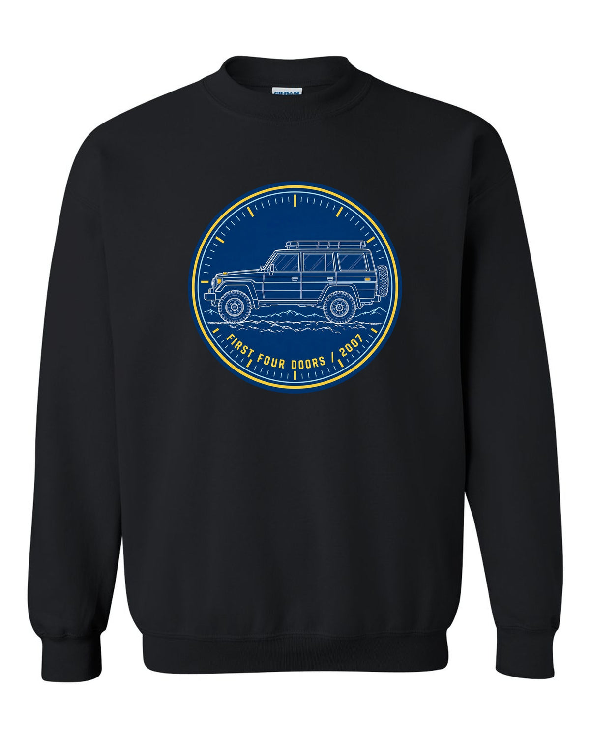 Jeep Wrangler JKU cyanotype blueprint design reading first four doors 2007 black crewneck front view with the design