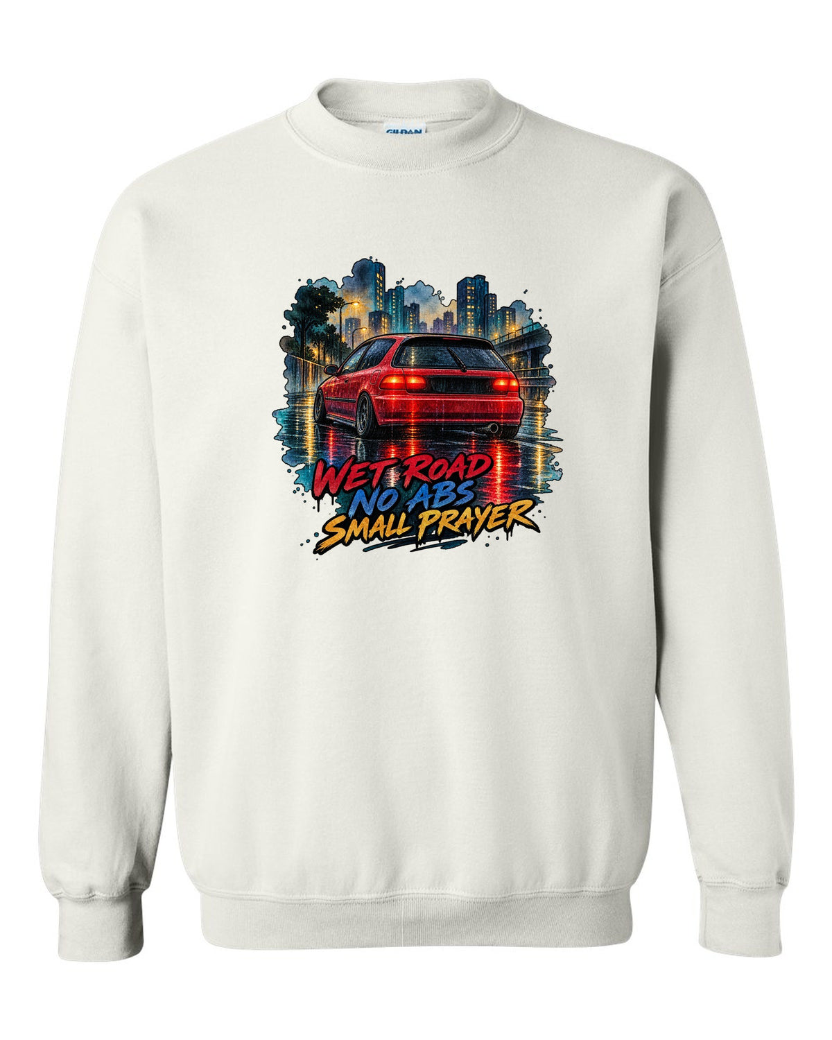 Watercolour wet road print of a Honda Civic EG6 ch with red taillights and no ABS text white crewneck front view with the design