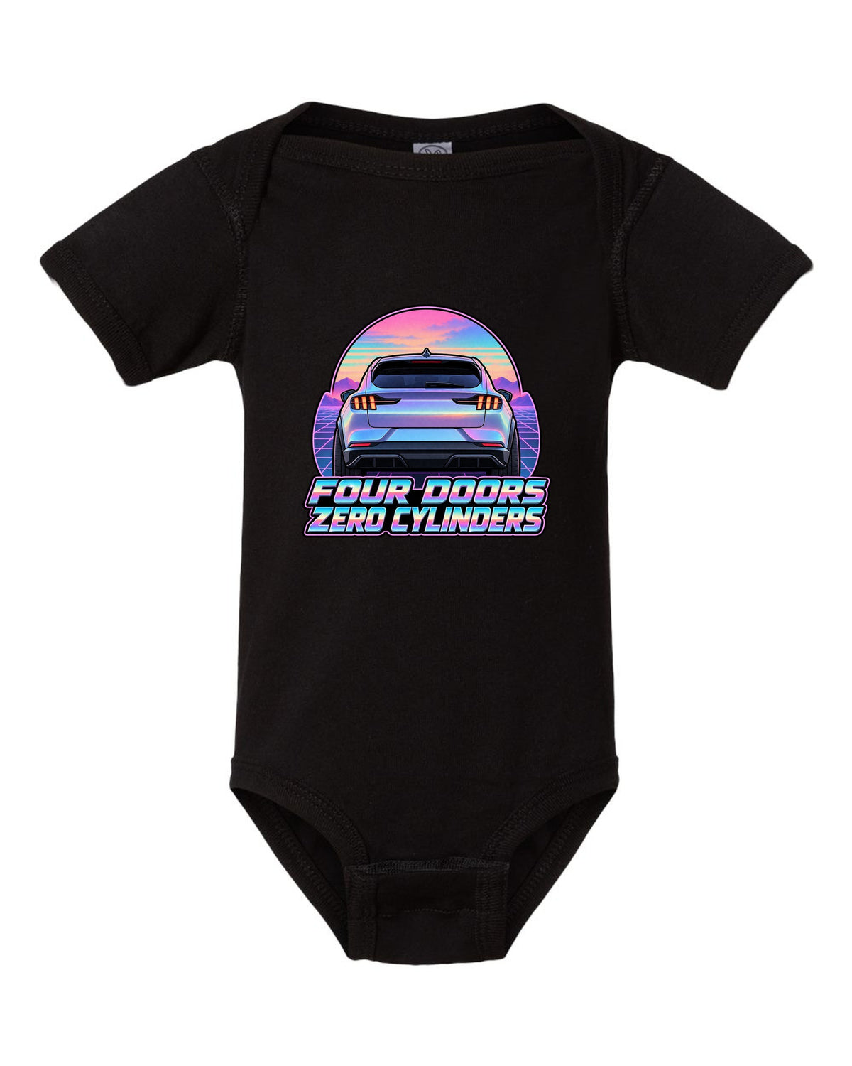 Vaporwave pastel print of a 2021 Ford Mustang Mach-E rear at dusk black baby onesie front view with the design