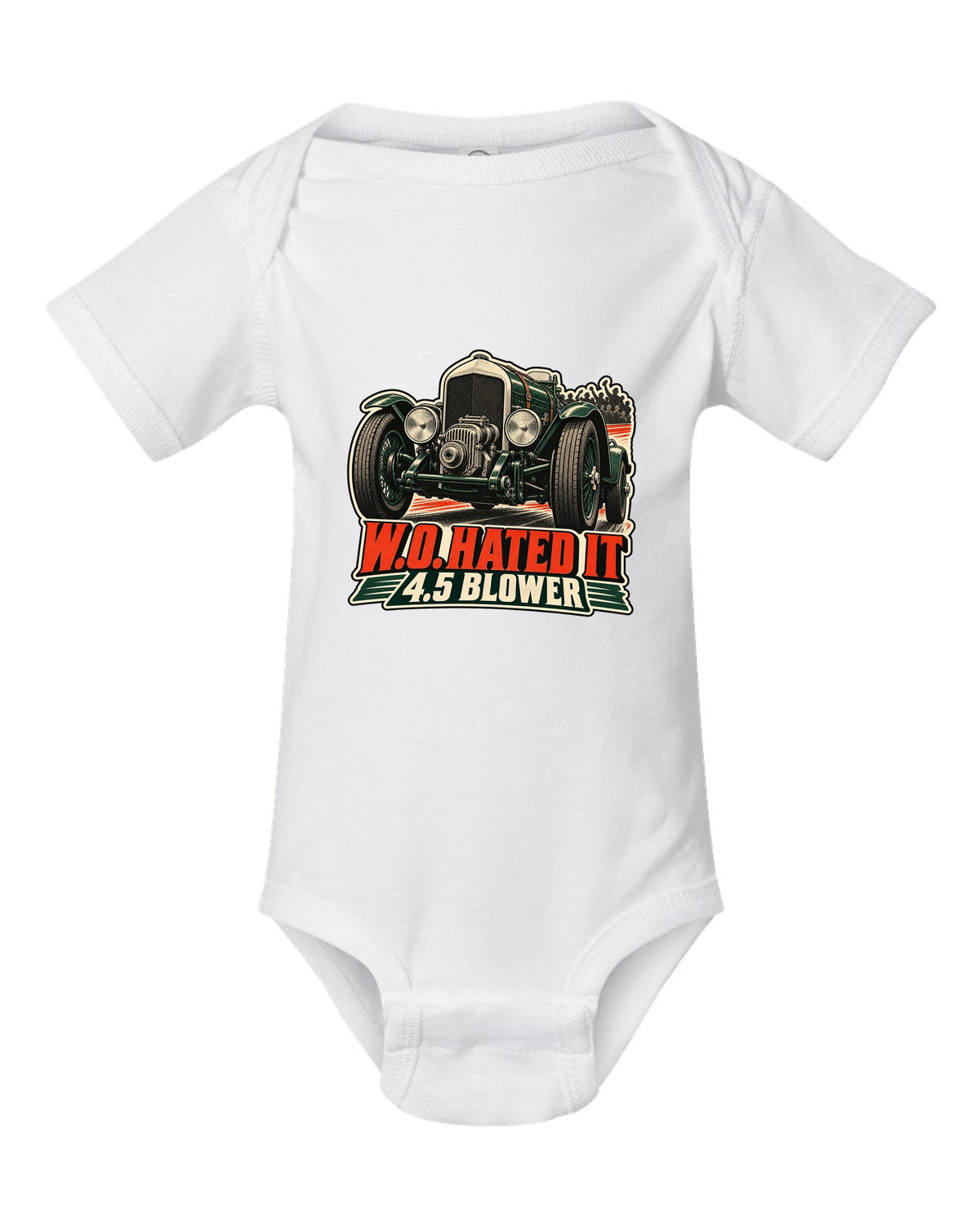 Vintage race poster style print of the 1929 Bentley 4.5 Litre Blower with W.O. lettering white baby onesie front view with the design