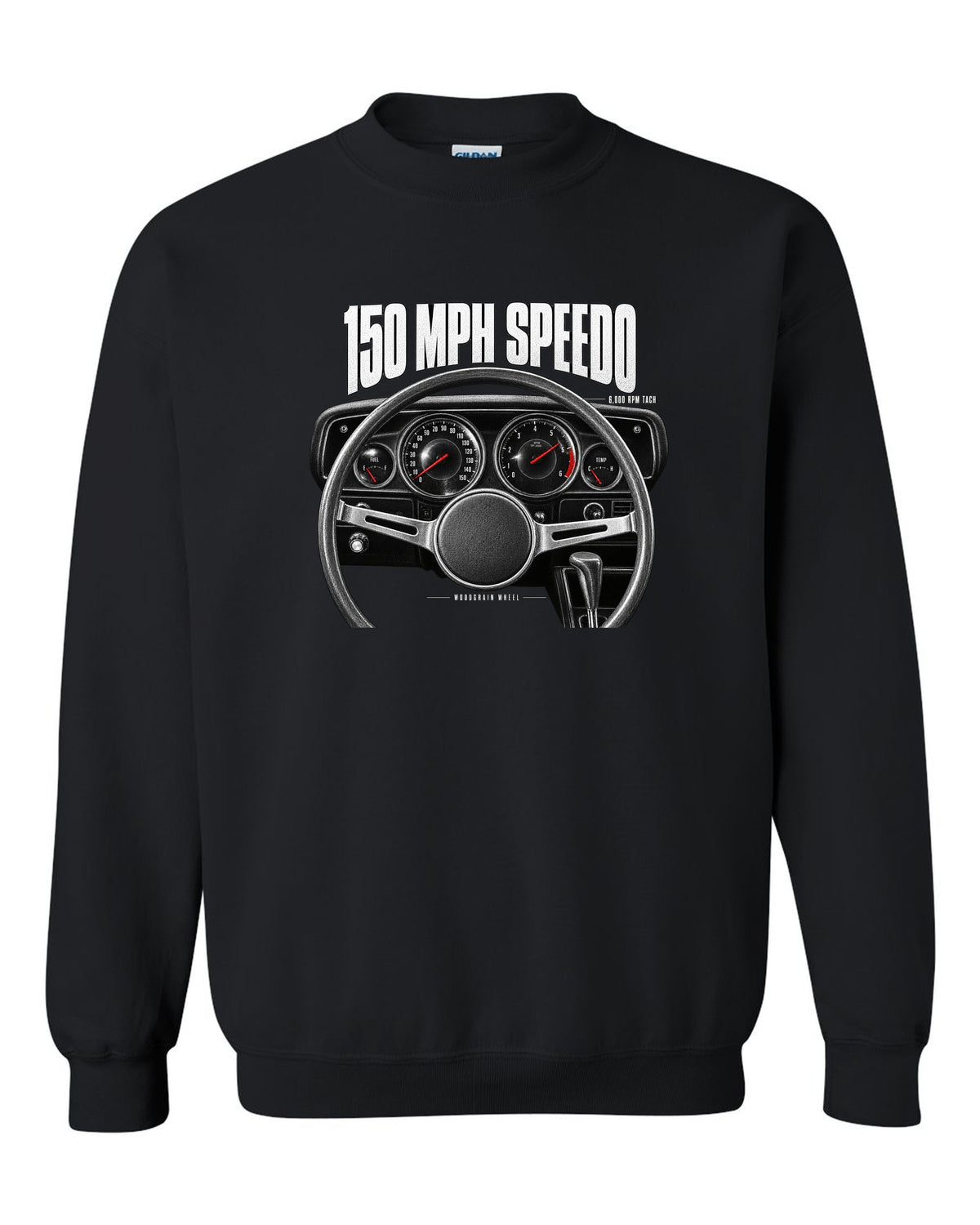 Cockpit gauge print of a 1970 Dodge Challenger R/T with speedometer, tach and woodgrain wheel black crewneck front view with the design