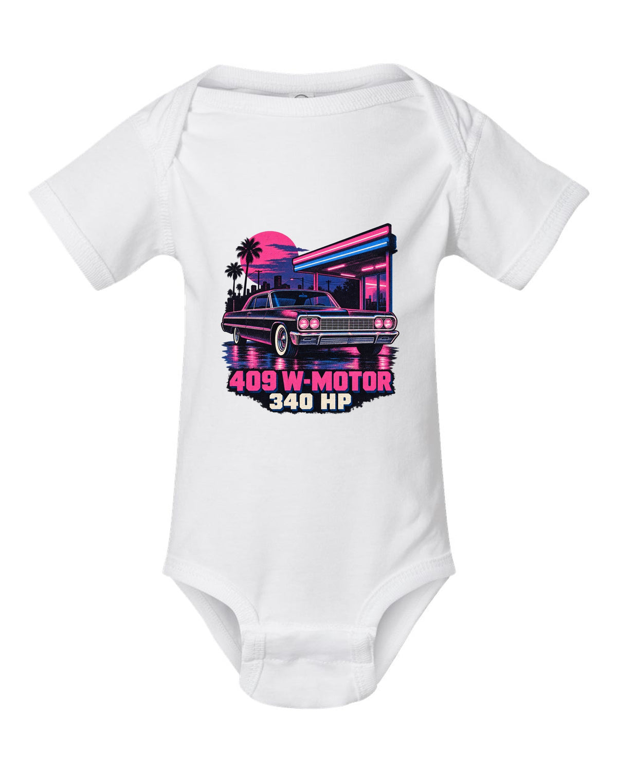 1964 Chevrolet Impala SS in pink and blue risograph neon rain with text 409 W-Motor 340 HP white baby onesie front view with the design