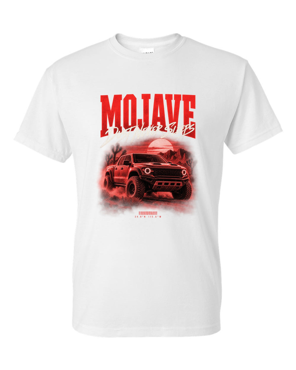 Jeep Gladiator JT Mojave street poster print with desert coordinates white t-shirt front view with the design