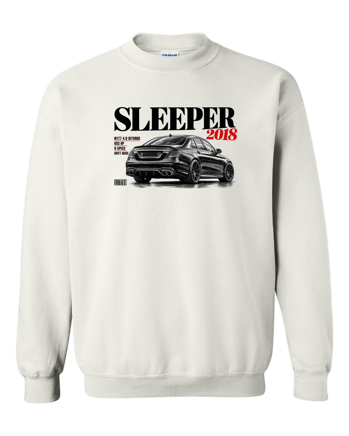print editorial headline of a Mercedes W213 E63 S M177 with text Sleeper 2018 4.0 Biturbo 603 HP white crewneck front view with the design