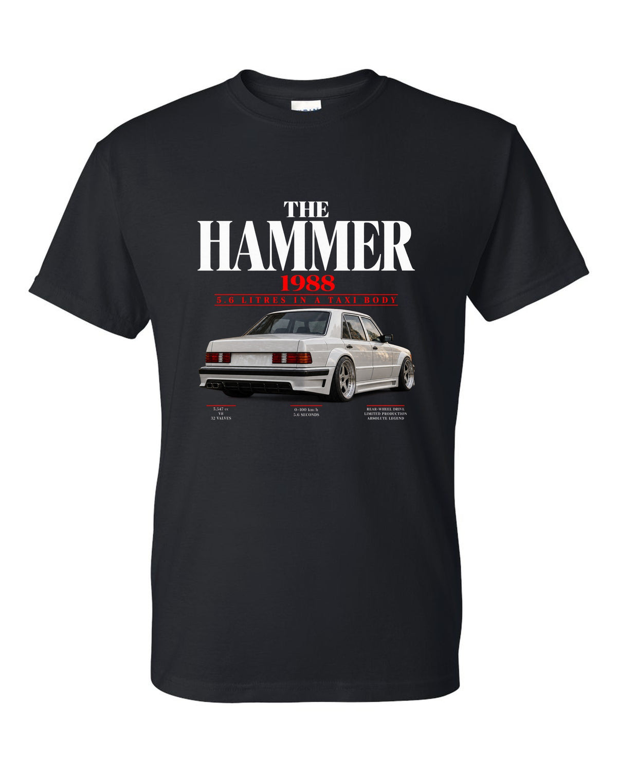 Mercedes 300E 5.6 AMG Hammer W124 editorial print with 1988 headline black t-shirt front view with the design
