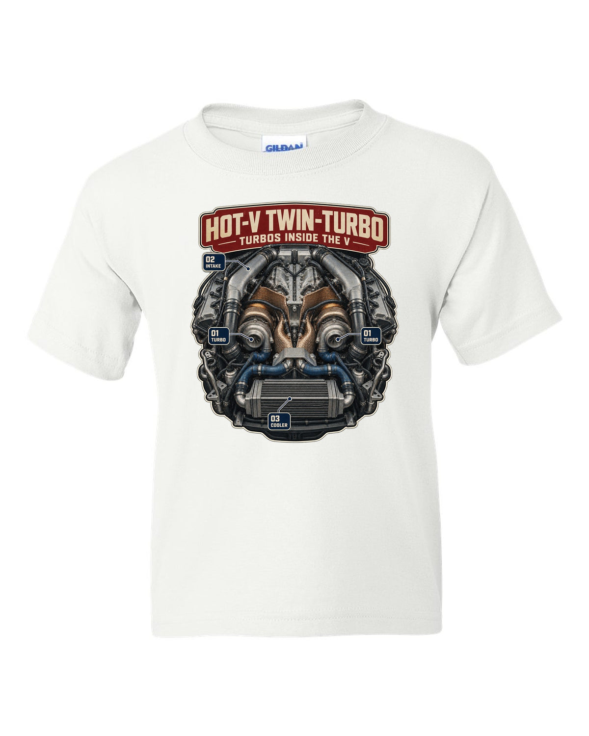 Engine poster of the Audi RS6 Avant C8 twin-turbo V8 with turbos inside the V white kids tee front view with the design