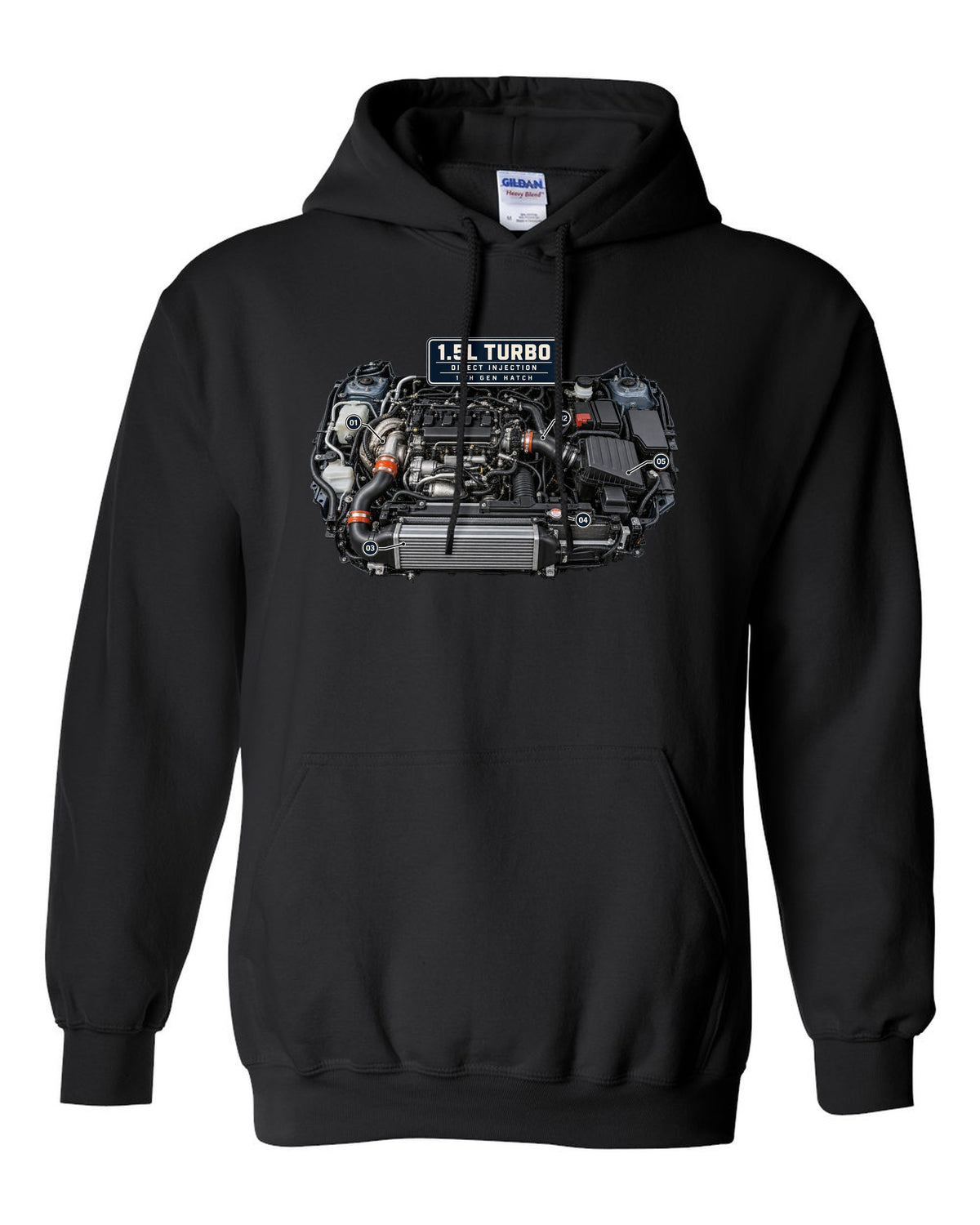 Honda Civic chback FL1 1.5L turbo engine bay print black pull over hoodie front view with the design