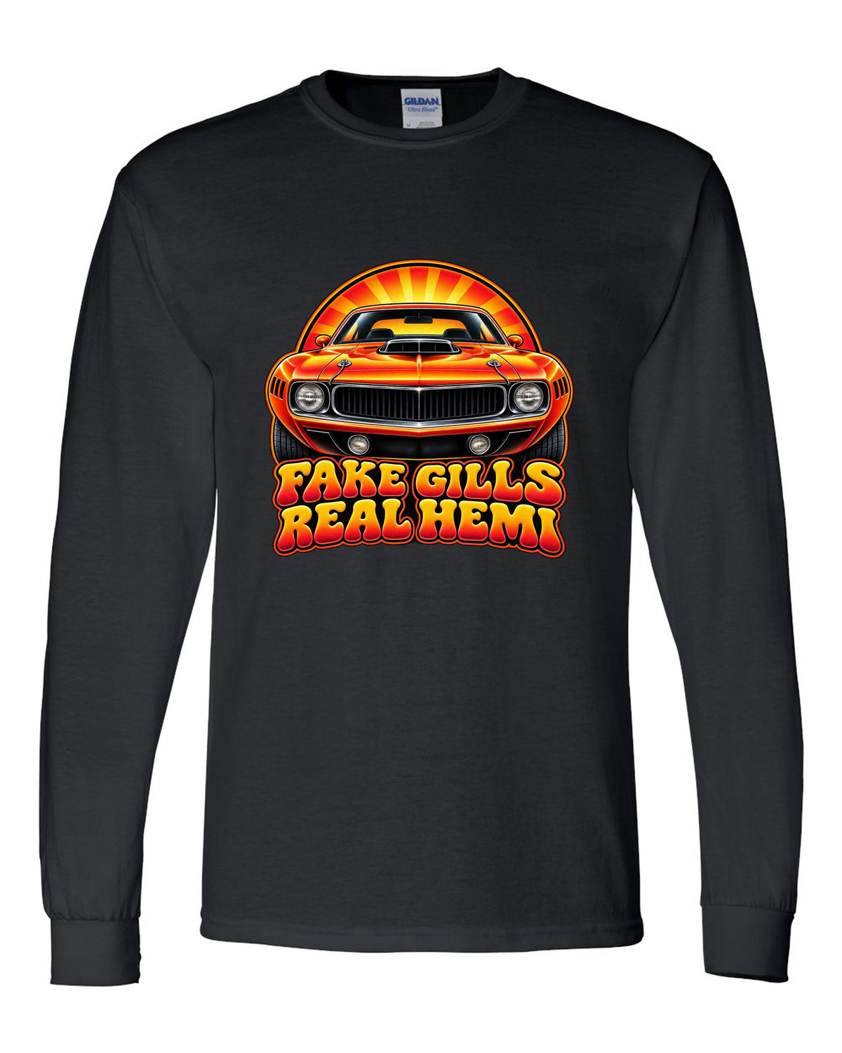 Retro 70s airbrush sunburst design with a 1970 Plymouth Hemi Cuda and fake gills real Hemi text black long sleeve front view with the design