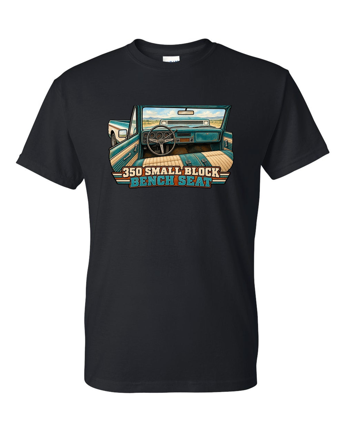 Watercolour wash print of a 1971 Chevrolet C10 Cheyenne with 350 Small Block and Bench Seat text black t-shirt front view with the design