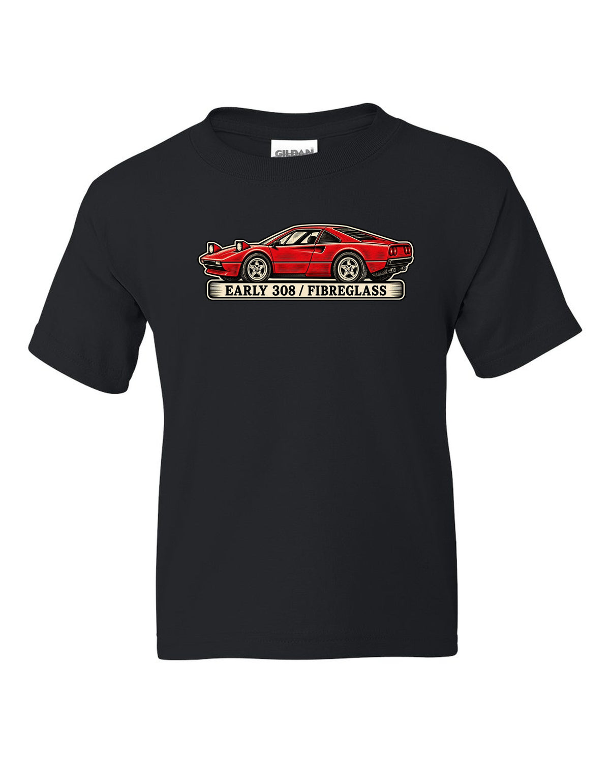 Linocut woodcut style print of an early 1975 Ferrari 308 GTB with the text early 308 fibreglass black kids tee front view with the design