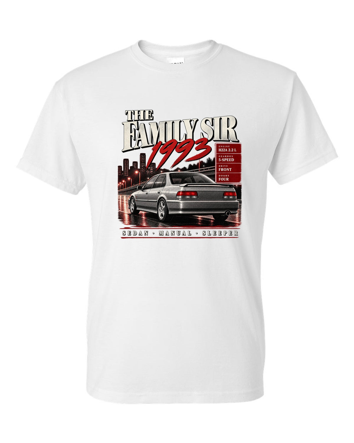 Archive panel print for the Honda Accord CD6 SiR sedan reading The Family Sir 1993 white t-shirt front view with the design