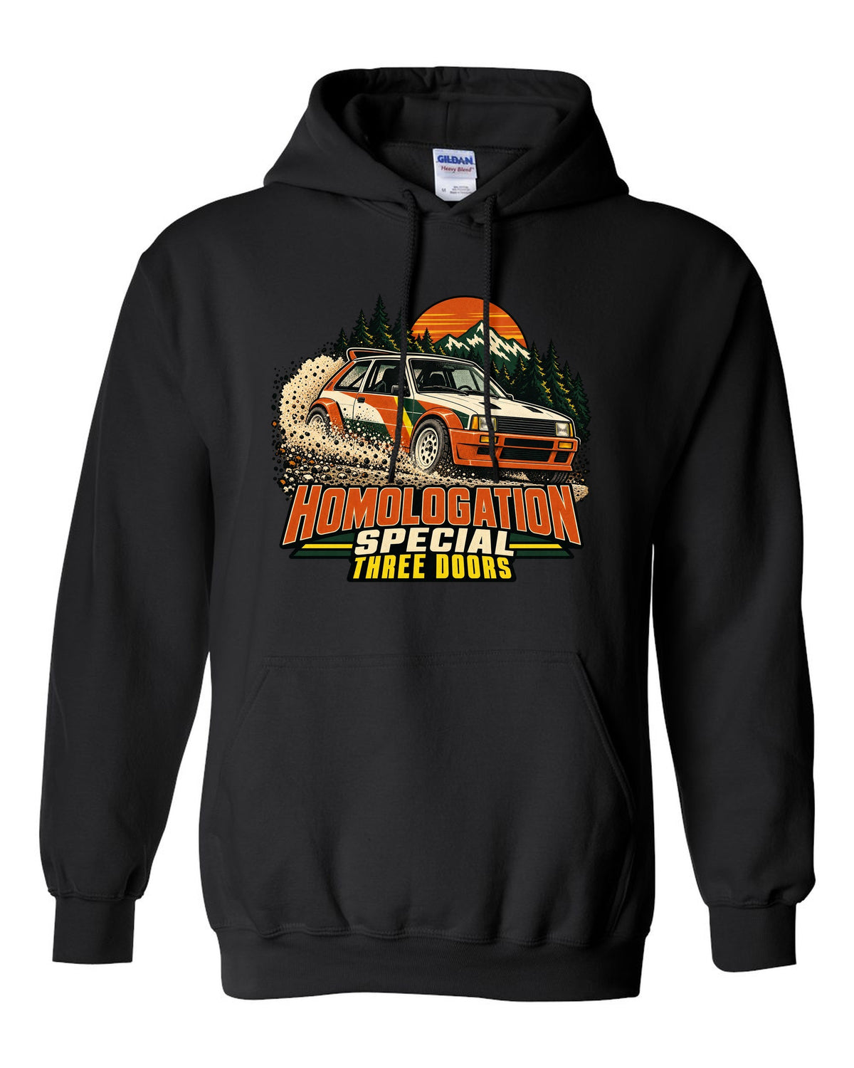 Vintage rally poster of a Toyota GR Yaris sliding on gravel with homologation text black pull over hoodie front view with the design