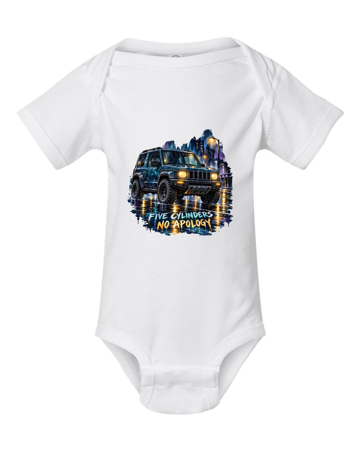 Watercolour wash wet street scene with a 2006-2010 Hummer H3 and FIVE CYLINDERS / NO APOLOGY text white baby onesie front view with the design