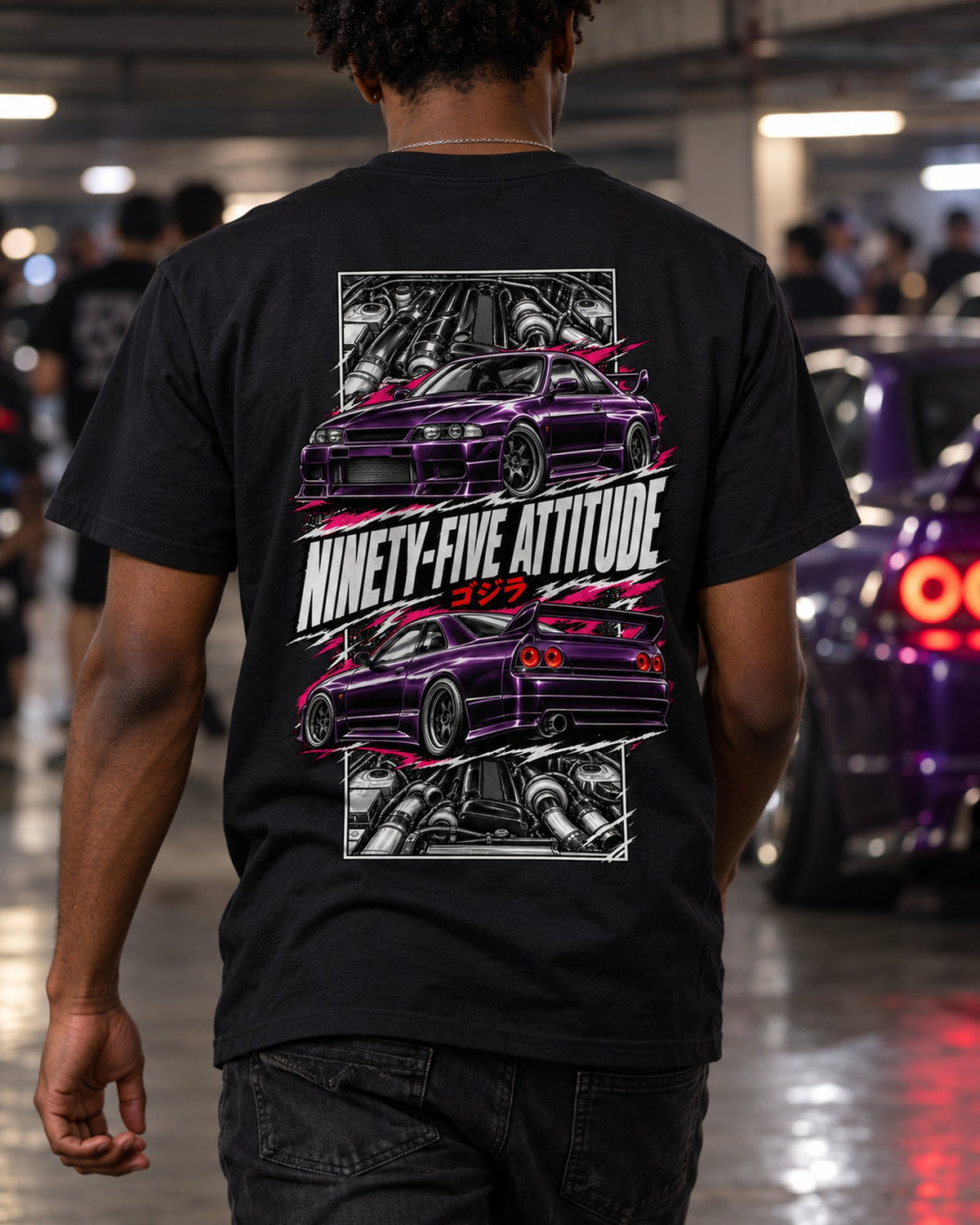 Nissan Skyline GT-R R33 Torn Poster Full-Back Graphic Tee T-Shirt Black worn hero