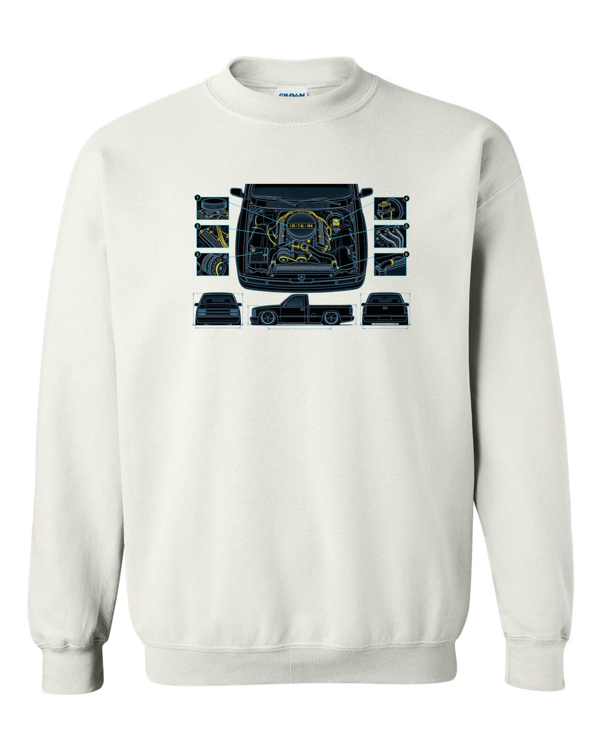 Technical blueprint print of the engine bay on a 1990-93 Chevrolet 454 SS pickup with L19 7.4L 454 text white crewneck front view with the design